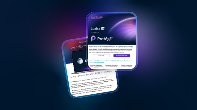 Lexis+ AI Insider Program graphic with overlapping Lexis+ AI and Prot&eacute;g&eacute; app screens, highlighting AI-powered legal research tools.