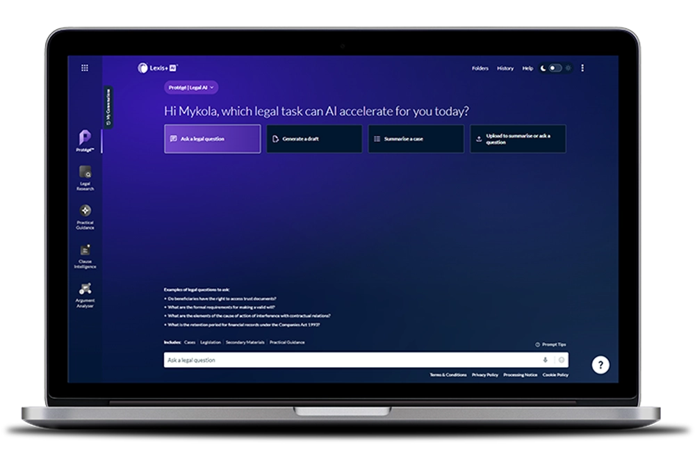 A laptop with Lexis+ AI with Prot&eacute;g&eacute; interface